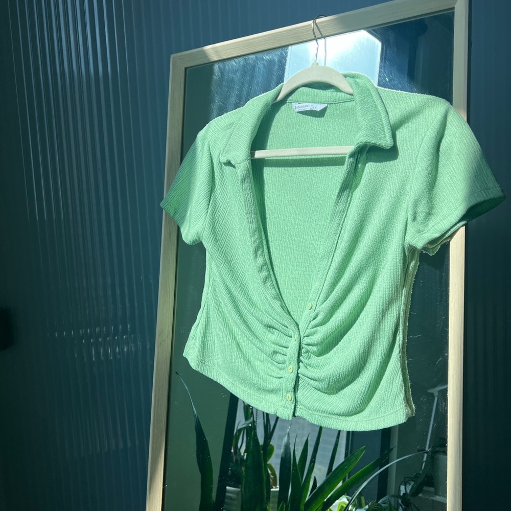 Green ruched button up crop top